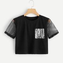 Romwe Contrast Fishnet And Sequin Tee