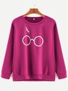 Romwe Purple Glasses Print Long Sleeve Sweatshirt