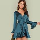 Romwe Split Back Ruffle Trim Overlap Front Belted Dress