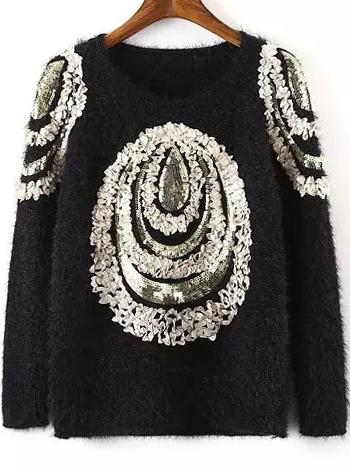 Romwe Sequined Applique Fuzzy Black Sweater