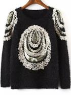Romwe Sequined Applique Fuzzy Black Sweater