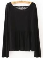 Romwe Black Round Neck Lace Back Crop Blouse