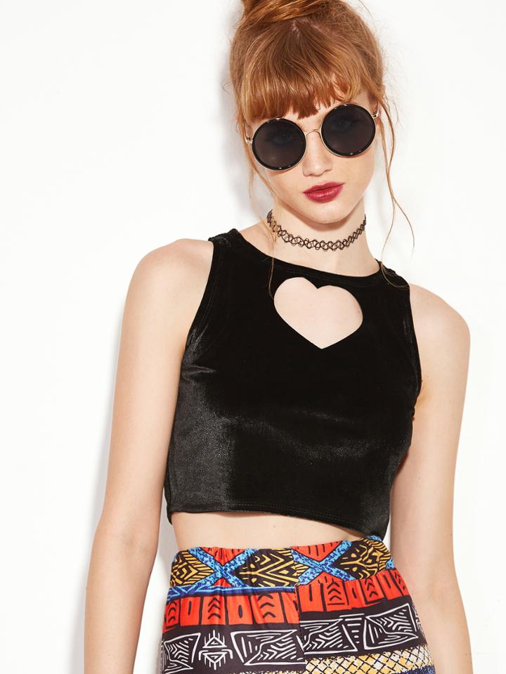 Romwe Black Heart Cut Out Front Crop Tank Top