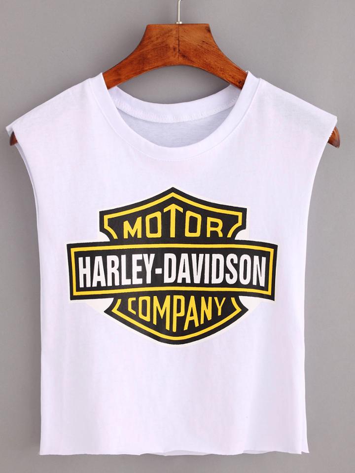 Romwe Logo Print Crop Tank Top - White