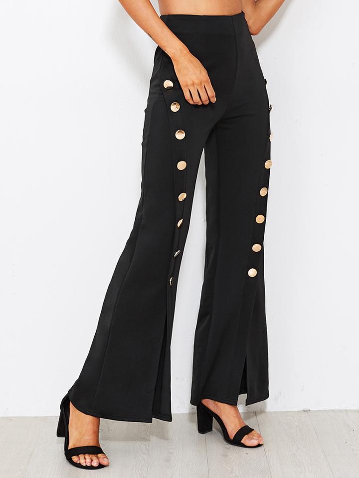 Romwe Button Embellished Split Flare Pants