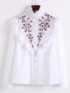 Romwe Flower Embroidery Frill Trim Blouse