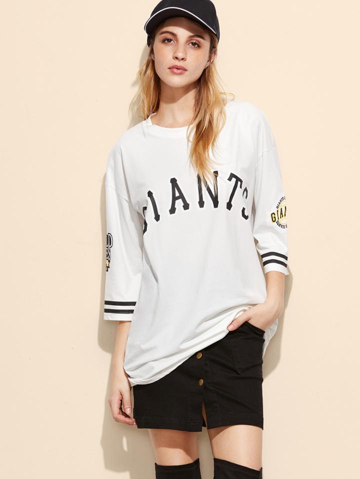 Romwe White Varsity Print Dropped Shoulder Seam T-shirt Dress