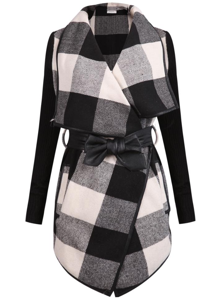 Romwe Black White Long Sleeve Plaid Belt Coat