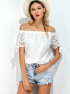 Romwe Off The Shoulder Crochet Lace Top With Bow Tie