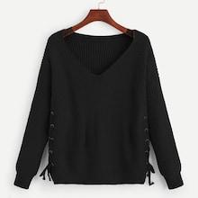 Romwe Lace Up Side V-neck Jumper