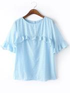 Romwe Ruffle Sleeve With Bow Buttons Blue Top