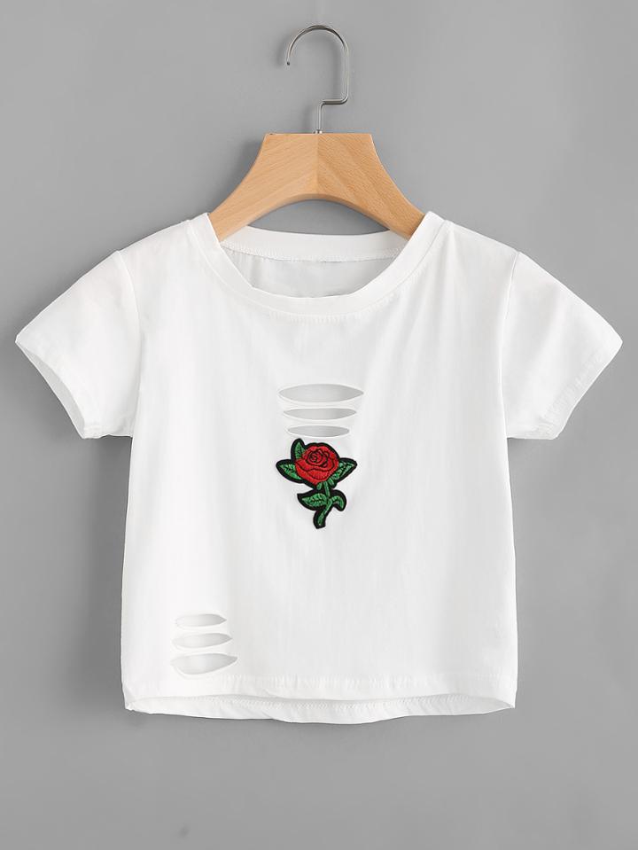 Romwe Rose Patch Ladder Cut Out Tee