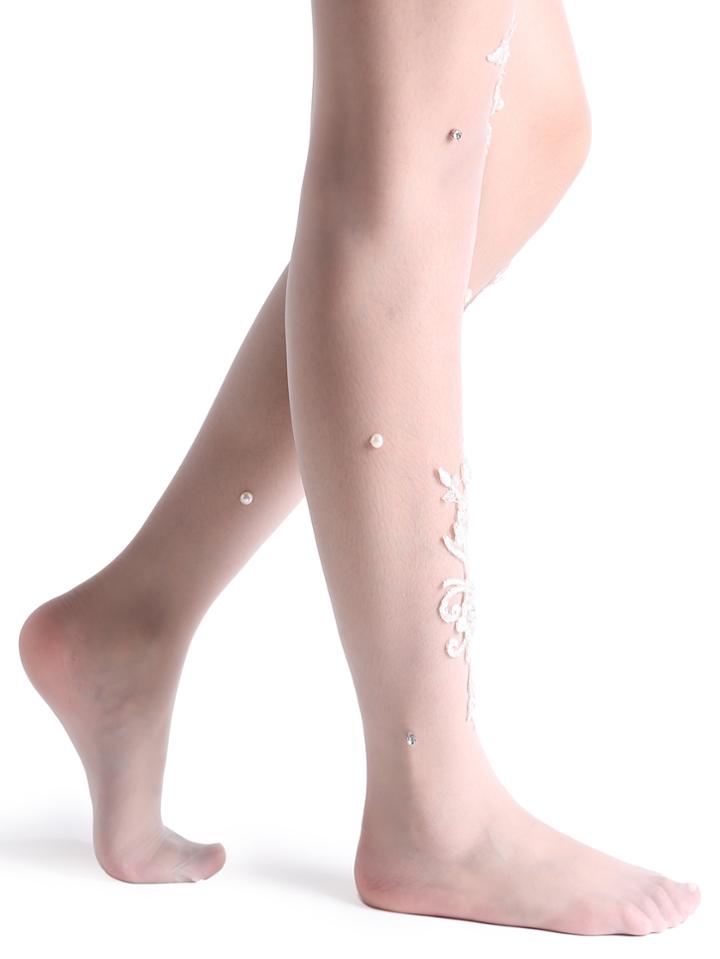 Romwe White Handmade Beaded Lace Sheer Pantyhose Stockings