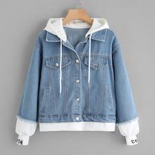 Romwe 2 In 1 Ribbed Knit Trim Hooded Denim Jacket
