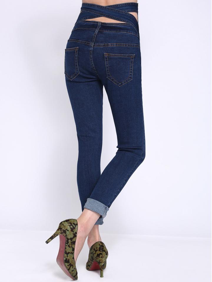 Romwe Crisscross Back High Waist Denim Pant