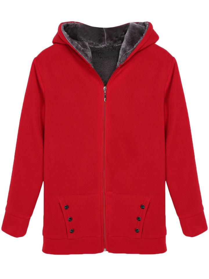 Romwe Hooded Zipper Pockets Red Sweatshirt