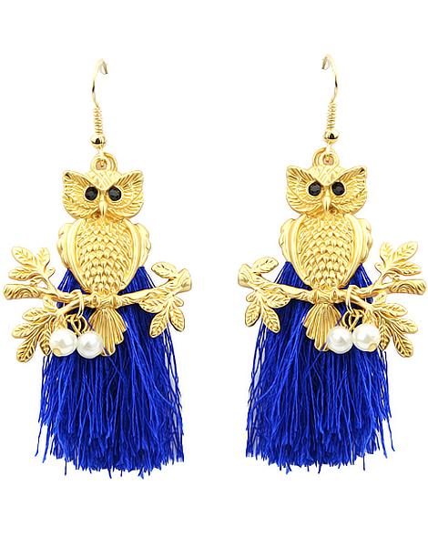 Romwe Blue Owl Pearl Tassel Earrings