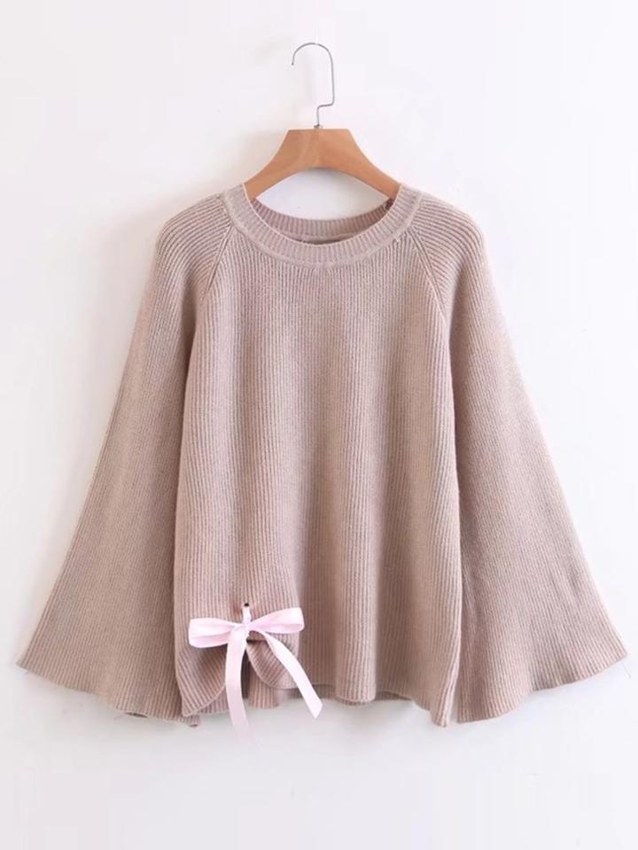 Romwe Contrast Bow Tie Trumpet Sleeve Knitwear