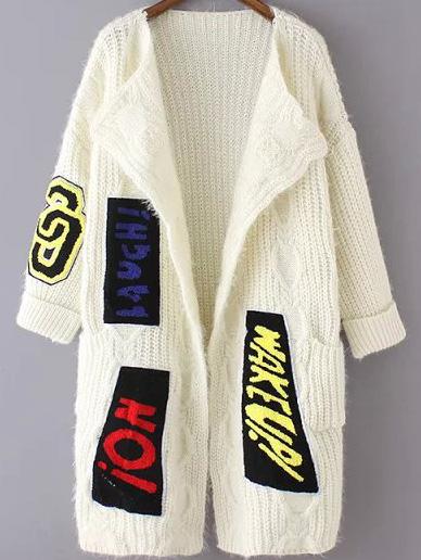 Romwe Lapel Flocked Patch White Coat