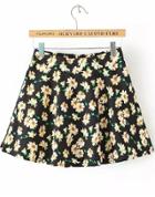 Romwe Black Chrysanthemum Print With Zipper Skirt