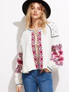 Romwe White Embroidery Lantern Sleeve Tie Front Coat