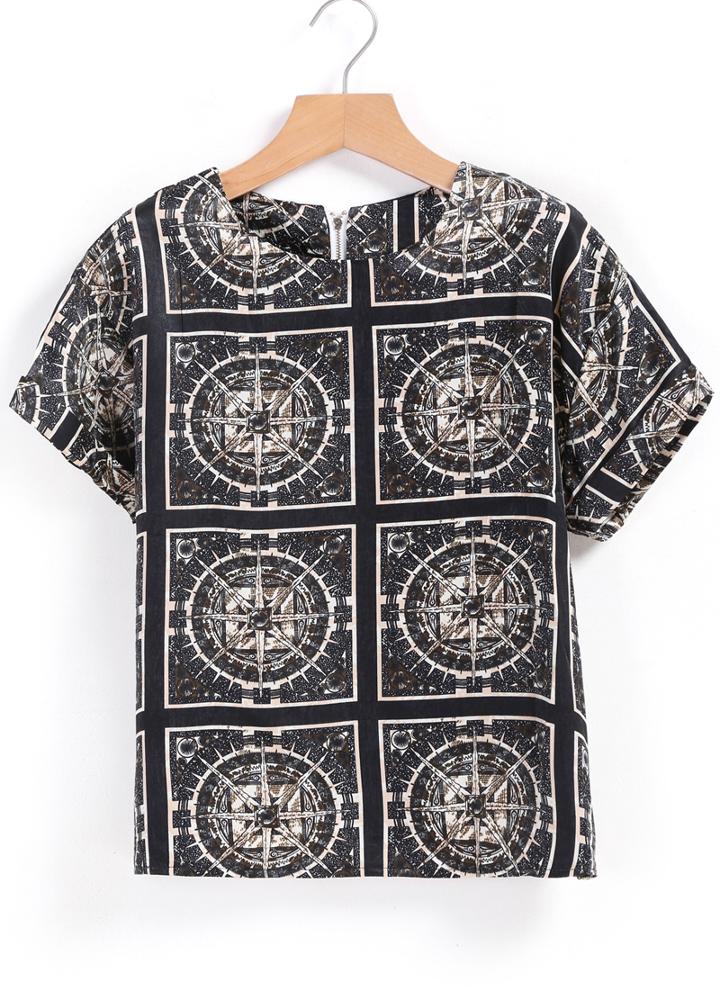 Romwe Wheels Print Black T-shirt