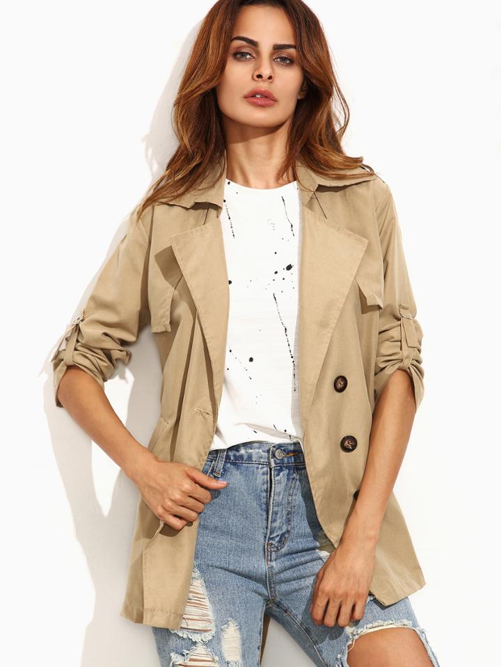 Romwe Khaki Double Breasted Self Tie Trench Coat