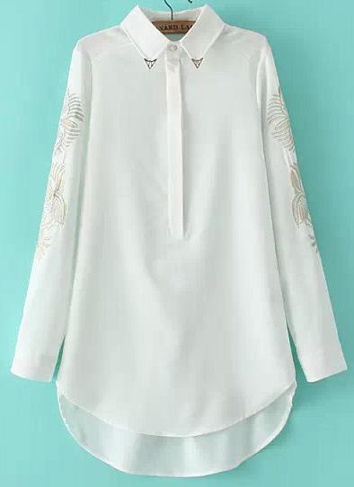 Romwe White Lapel Embroidered Dip Hem Loose Blouse