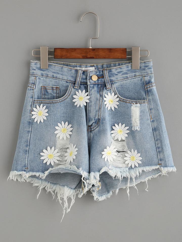 Romwe Blue Ripped Tassel Trim Appliques Denim Shorts