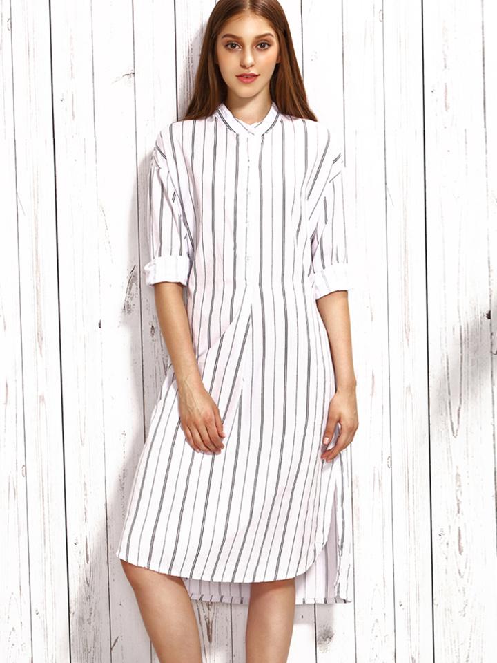 Romwe White Vertical Striped Band Collar Self Tie Shirt Dress