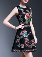 Romwe Black Sleeveless Embroidered A-line Dress
