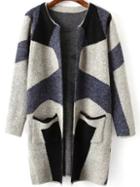 Romwe Long Sleeve Geometric Print Blue Coat