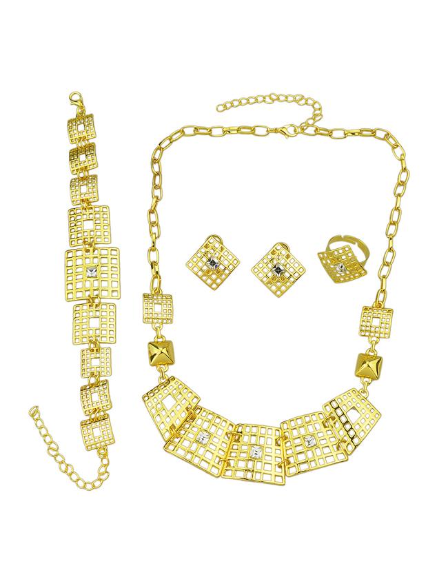 Romwe Beautiful Rhinestone Statement Necklace Earrings Bracelet Rings Jewelry Set For Women