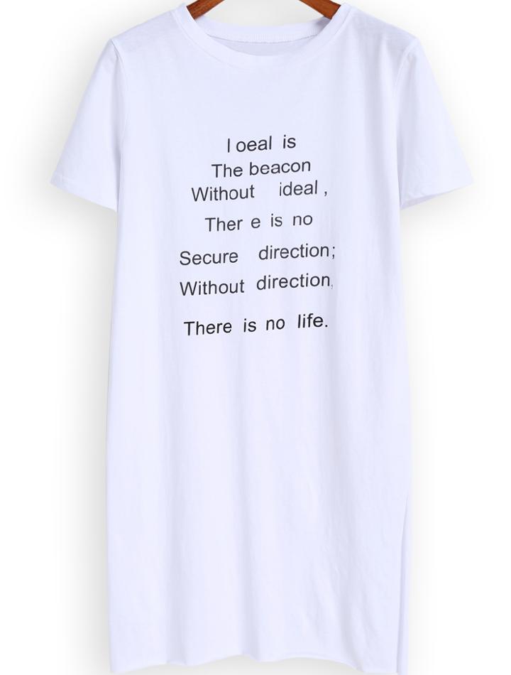 Romwe Letters Print Long White T-shirt