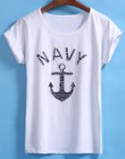 Romwe White Short Sleeve Navy Anchors Print T-shirt