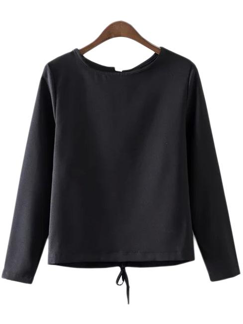 Romwe Black Long Sleeve Lace Up Back Blouse