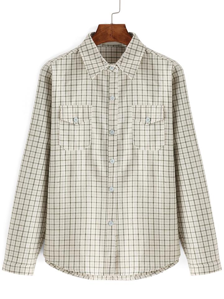 Romwe Lapel Plaid  Green Blouse With Pockets