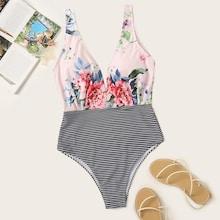 Romwe Random Floral & Striped Spliced One Piece Swimsuit