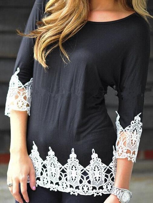 Romwe Contrast Lace Hollow T-shirt