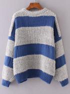 Romwe Blue Striped Drop Shoulder Sweater