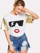 Romwe Contrast Metallic Sleeve Cartoon Print Tee