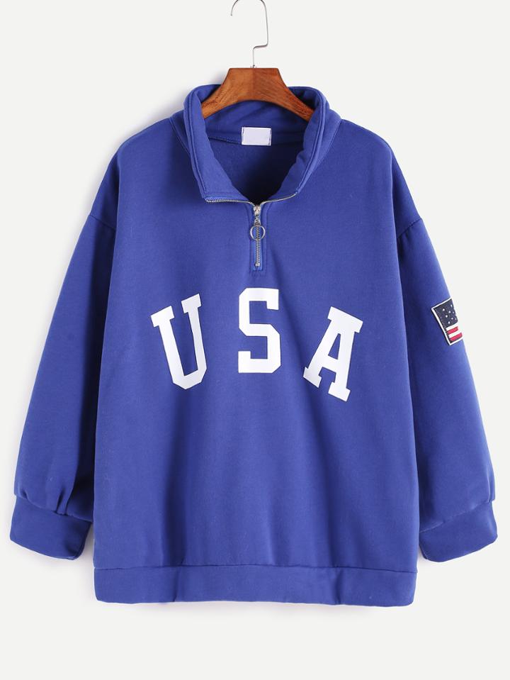 Romwe Blue Usa Print Sleeve Patch Detail Zip Front Sweatshirt