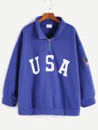 Romwe Blue Usa Print Sleeve Patch Detail Zip Front Sweatshirt
