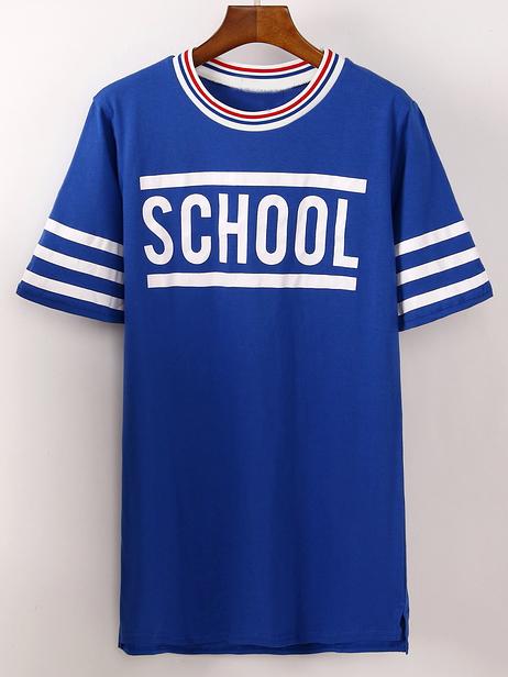 Romwe Striped Neck & Sleeve Letter Print T-shirt - Blue