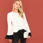 Romwe Contrast Ruffle Trim Bell Sleeve Top