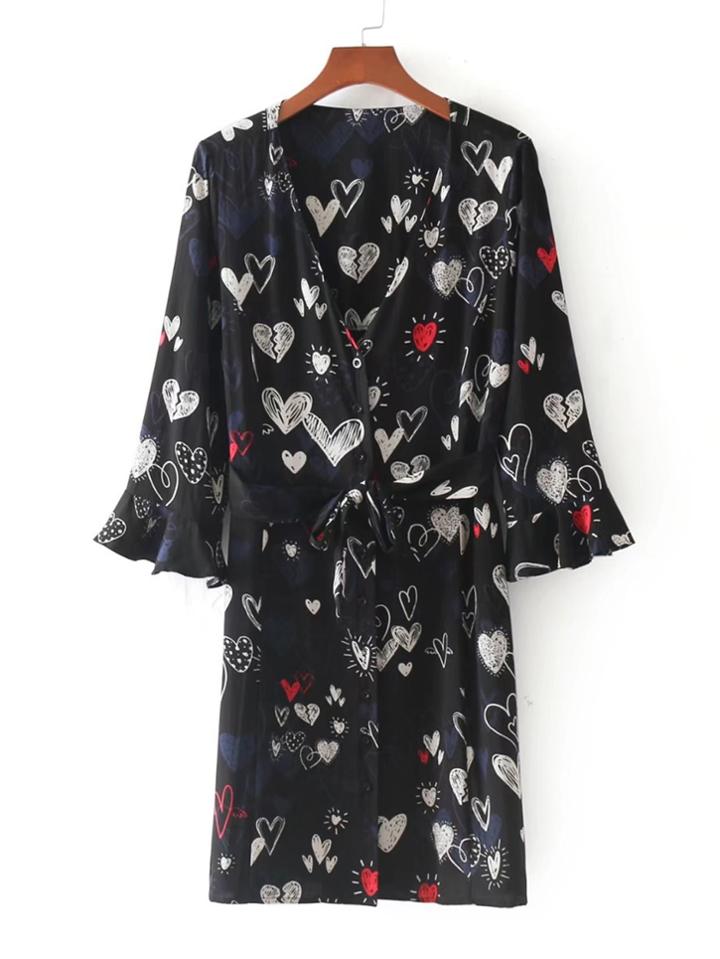 Romwe Heart Print Fluted Sleeve Self Tie Dress