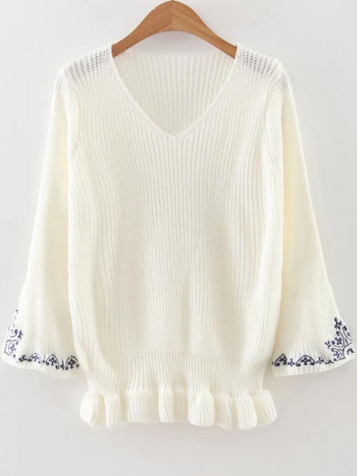 Romwe White V Neck Embroidery Sleeve Peplum Sweater