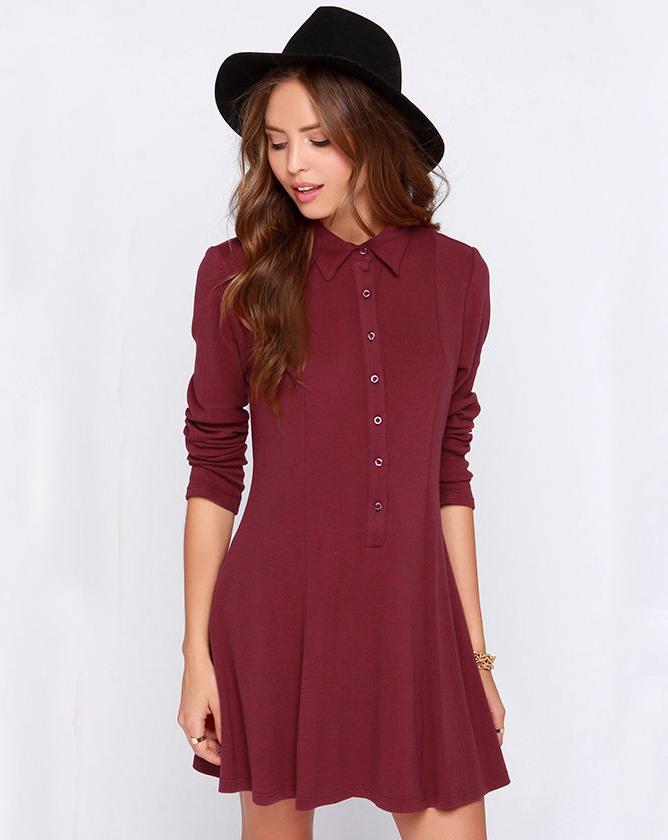 Romwe Wine Red Long Sleeve Pleated Dress