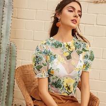 Romwe Floral Print Zip Back Puff Sleeve Mesh Top