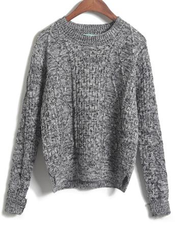 Romwe Grey Long Sleeve Diamond Patterned Dipped Hem Sweater